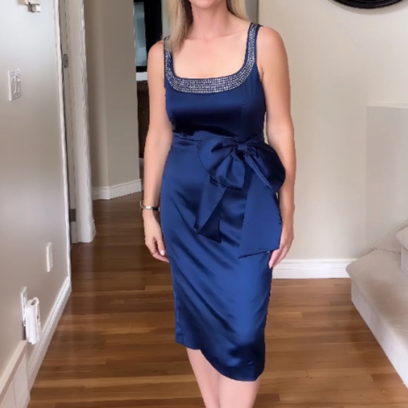 Blue Hotfix Embellished Bow Satin Square Neck Sleeveless Sheath Midi Dress - Picture 2 of 6
